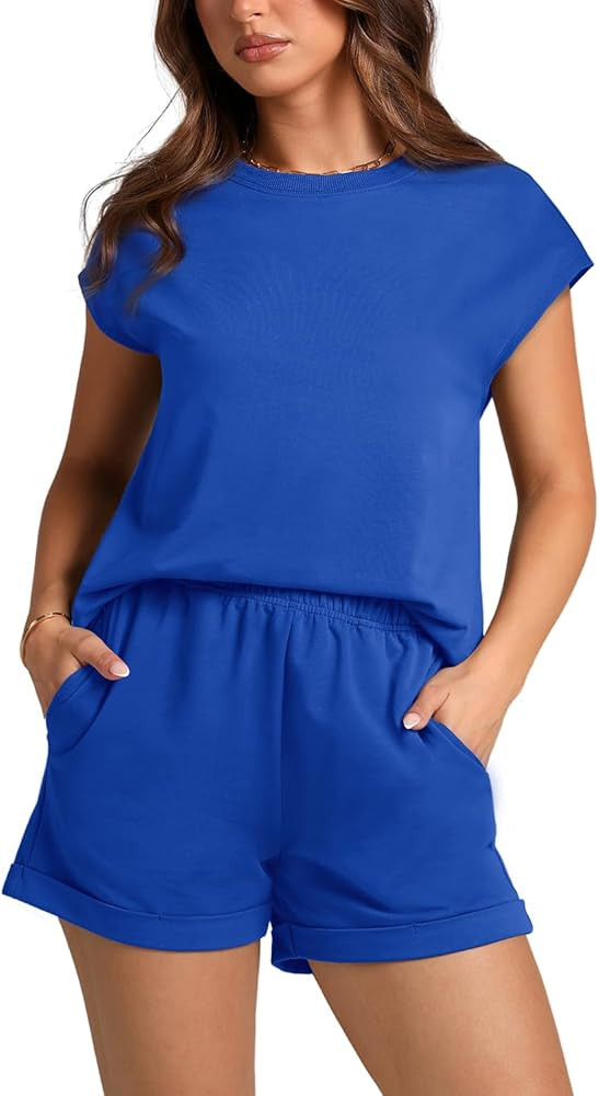 WIHOLL 2 Piece Sets for Women Casual Summer Lounge Set Cap Sleeve Tops and Elastic Waist Shorts T... | Amazon (US)