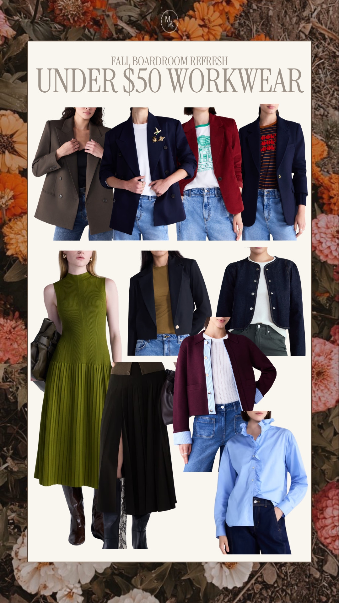 under $50 fall workwear! midsize workwear, office outfit, blazer, fall trend, ruffle oxford, fall fashion, midi skirt, crop jacket  

 #LTKOver40 #LTKMidsize #LTKWorkwear