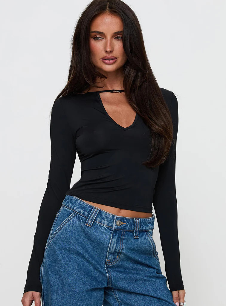 Layna Long Sleeve Plunge Neck Top Black | Princess Polly US