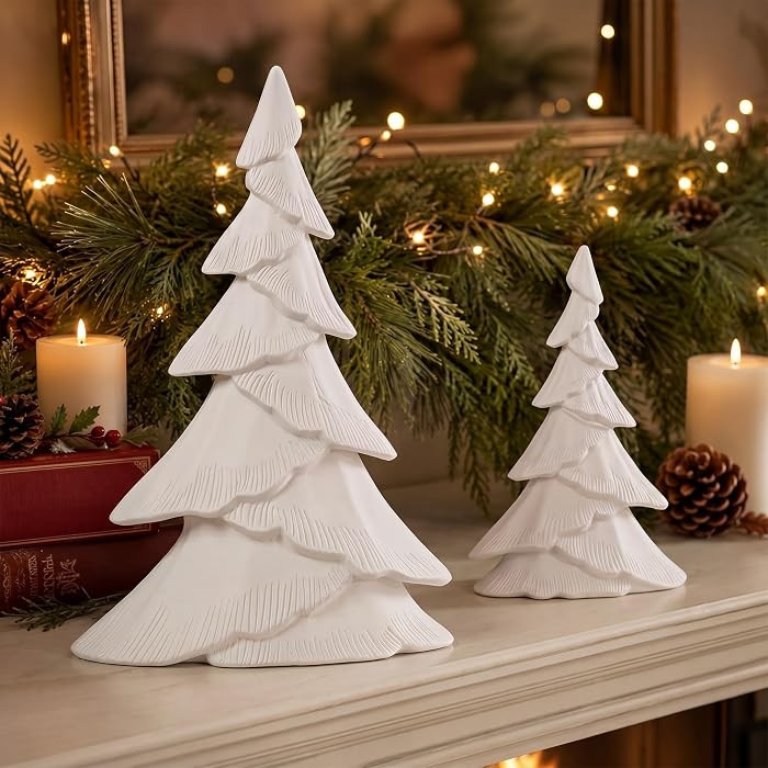 2 Pcs White Flat Christmas Tree Tabletop Figurines Decor, Resin Tree | Amazon (US)