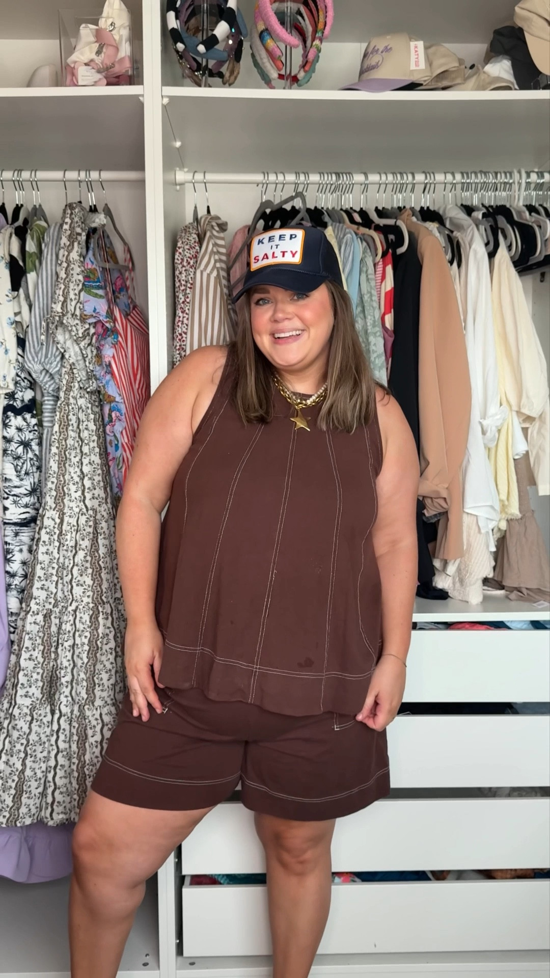 Casual weekend outfit plus size strada set wearing xl. Use code Caitlin on stud earrings  Trucker hat perfect for summer. Jelly flats run tts and star necklace is bracha  

#LTKPlusSize #LTKSeasonal #LTKFindsUnder50