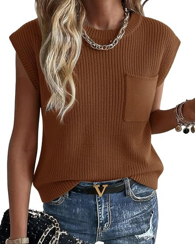 Women's Short Sleeve Sweater, Crew Neck Knit Top with Chest Pocket Brown | Amazon (US)