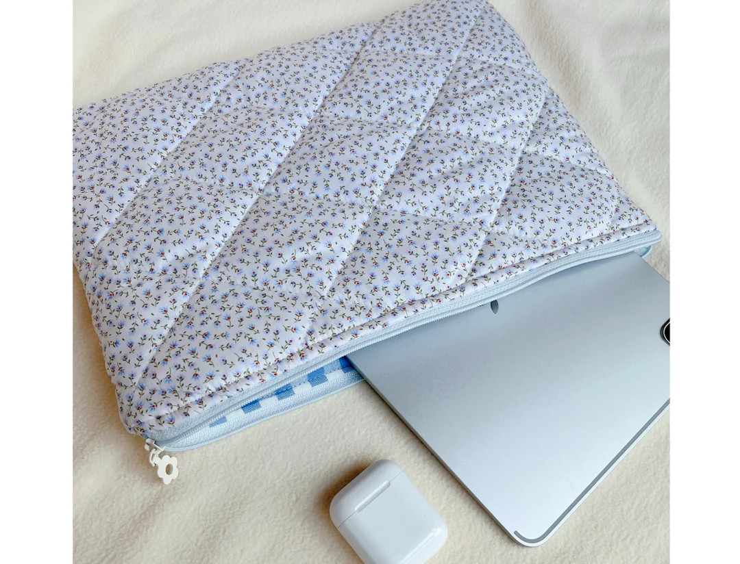 Handmade Quilted Laptop Sleeve, Quilted iPad Pouch,blue Floral With Blue Gingham Lining Laptop Ba... | Etsy (UK)