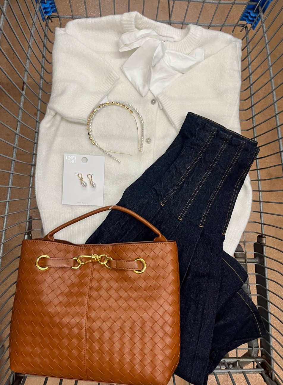 Walmart fashion classic and cute cognac purse bow sweater denim skirt pearl headband pearl earrings Time and Tru Free Assembly #walmartstyle #walmartfashion 

 