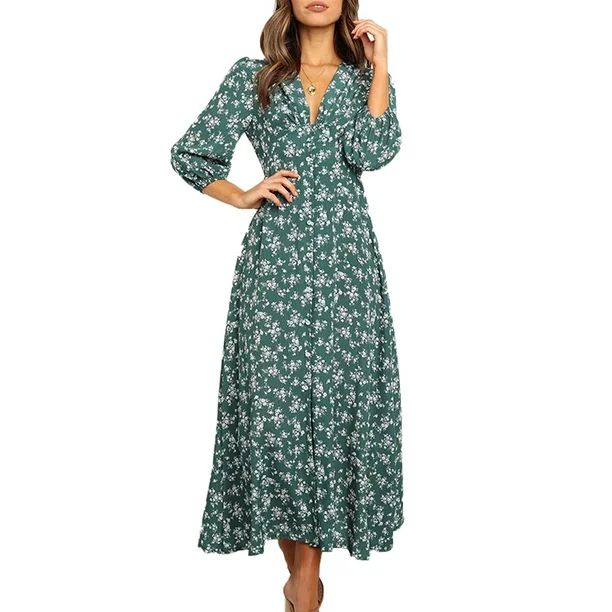 Womens Long Sleeve Bohemian Floral Maxi Dresses Loose Casual High Waist Boho Printed Maxi Dress B... | Walmart (US)