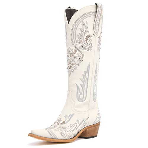 Western Cowboy Boots for Women Embroidered Rhinestones Knee High Cowgirl Boots Pointed Toe Chunky Heel Fashion Retro Classic Tall Boot | Amazon (US)