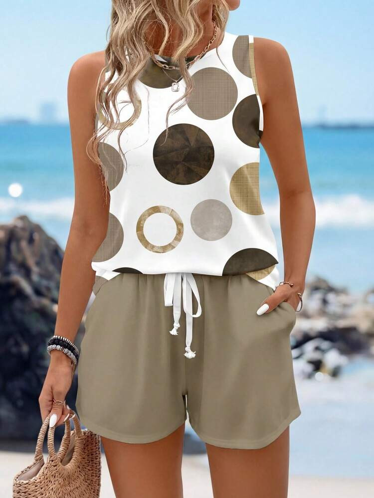 Sylviya 2pcs/Set Women's Casual Polka Dot Pattern Round Neck Camisole And Shorts Set, Suitable For Summer Women Two Pieces Shorts Set Suitable For Going Out,Casual | SHEIN