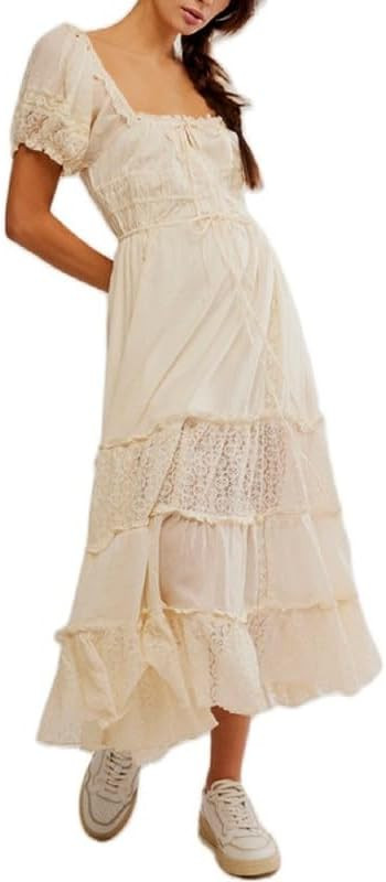 Woman Floral Puff Sleeve Maxi Dress Square Neck Ruffle Flowy Long Dresses Bohemian Tiered Summer ... | Amazon (US)