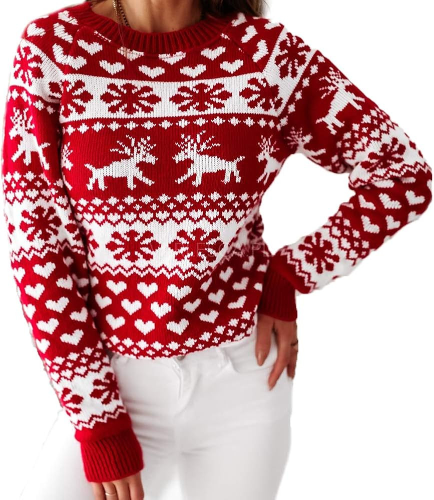 Women Christmas Knit Sweater Contrast Color Cartoon Snowman Elk Jacquard Long Sleeve Pullovers Cr... | Amazon (US)