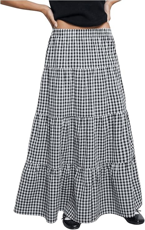 MakeMeChic Women's Plaid Print Tiered Layer A Line Ruffle Hem Loose Fit Casual Long Maxi Skirts | Amazon (US)