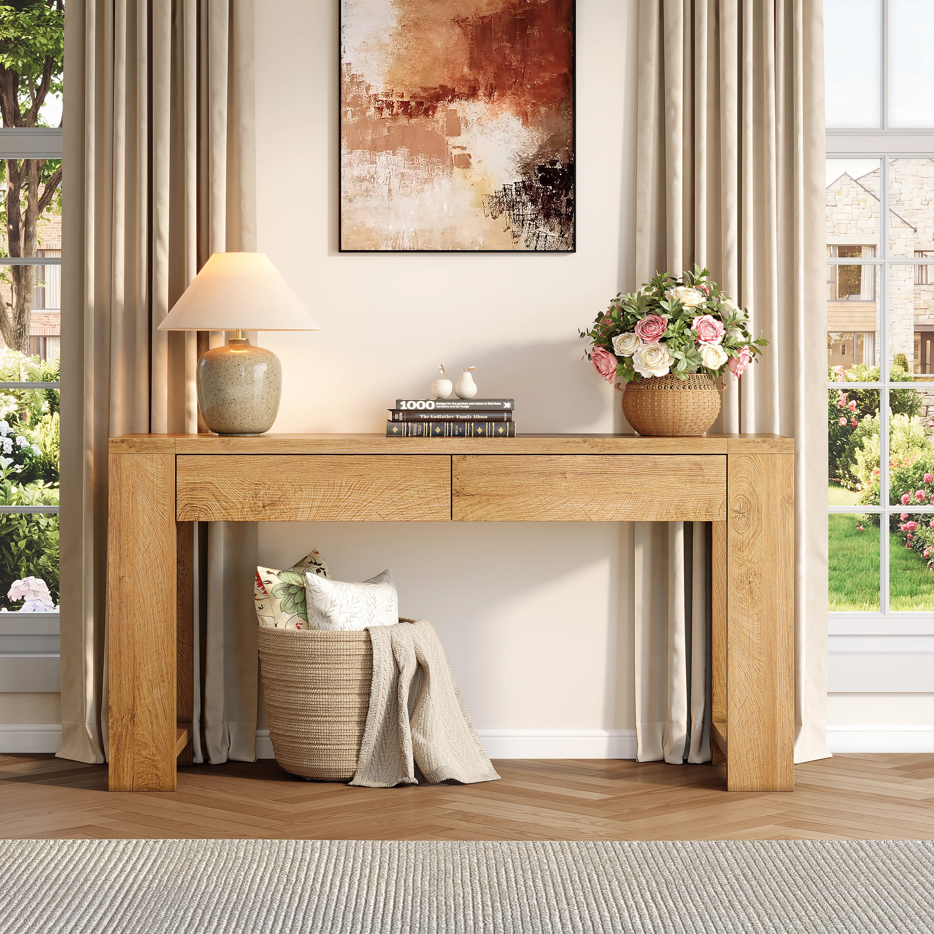 60 Inch Light Oak Console Table with 2 Drawers and Side Shelves, Farmhouse Entryway Sofa Table | Wayfair North America