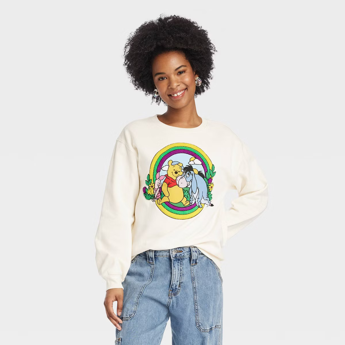 Women's Disney Winnie the Pooh Chenille Patch Graphic Sweatshirt - Ivory XS | Target