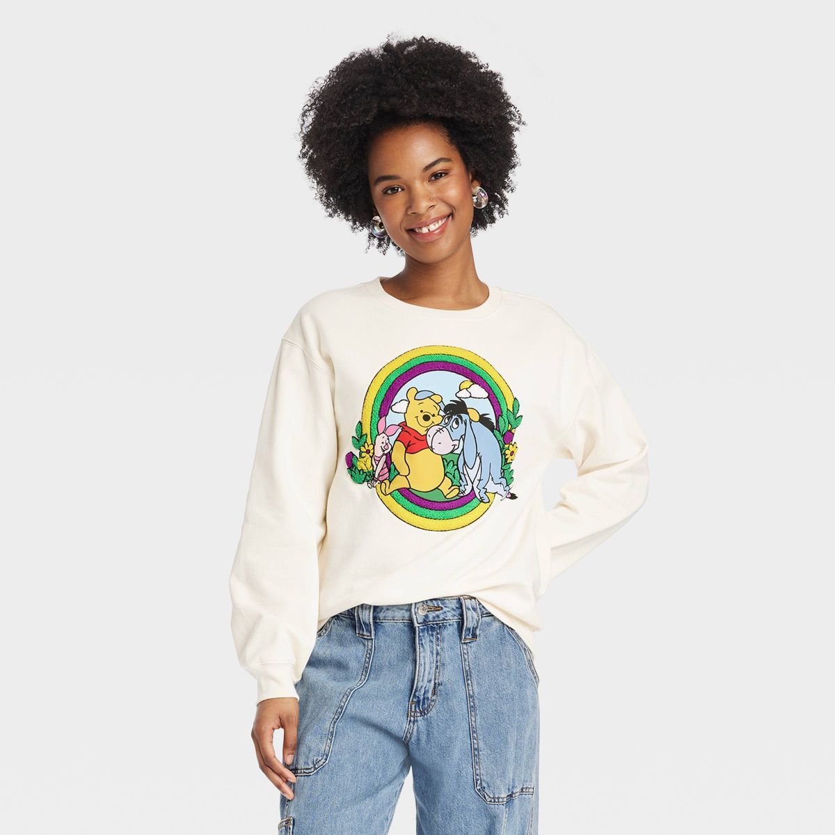 Women's Disney Winnie the Pooh Chenille Patch Graphic Sweatshirt - Ivory M | Target