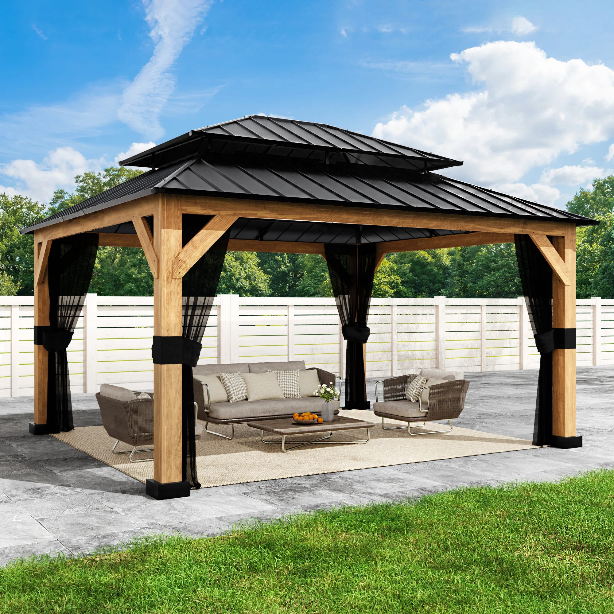 COZYWOR 13 Ft. W X 11 Ft. D Solid Wood Outdoor Hard Top Patio Gazebo With Mosquito Netting & Revi... | Wayfair North America
