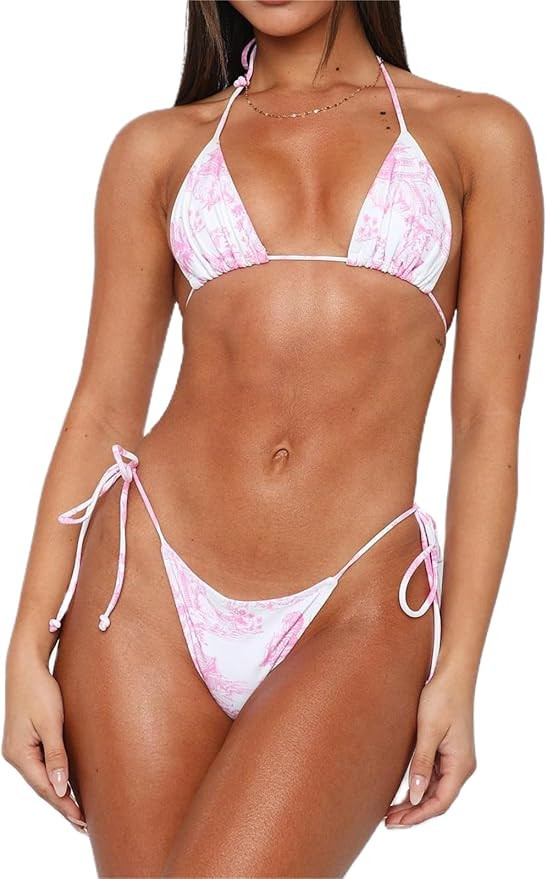 Alyweatry Women 2 Pieces Bikini Swimsuit Spaghetti Strap Top Tie Side Triangle G-Thong Bathing Su... | Amazon (US)