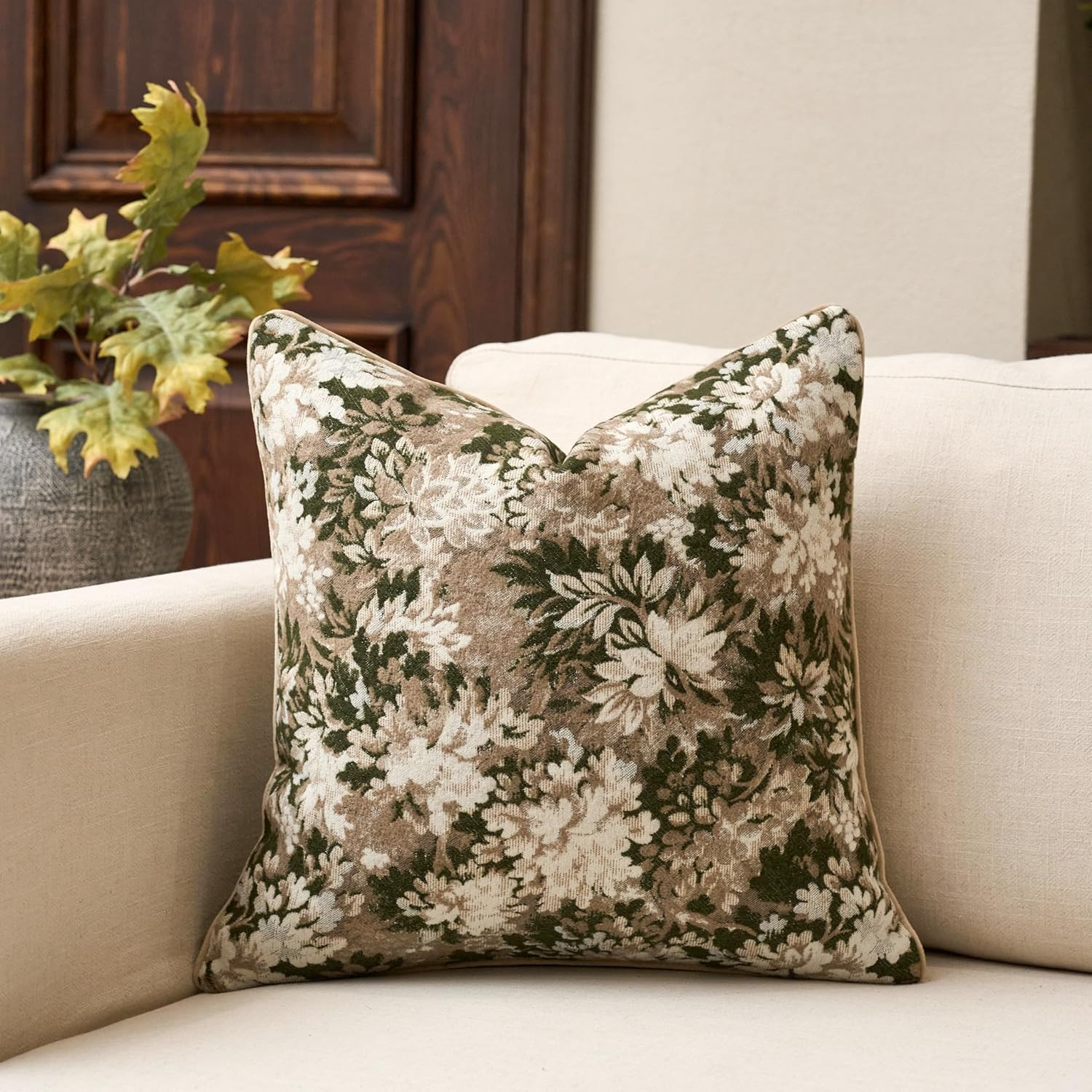 Yangest Neutral Floral Pillow Cover 18 x18 Inches, Vintage Chenille Square Throw Pillow Cover Sof... | Amazon (US)