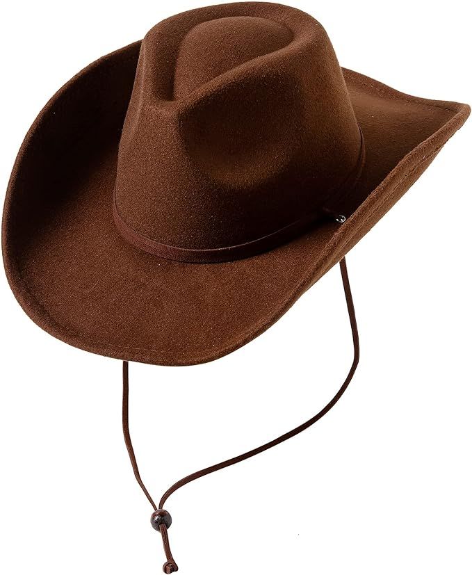 Lanzom Women Men Retro Felt Wide Brim Western Cowboy Cowgirl Hat Dress Up Hat with Wind Lanyard F... | Amazon (US)