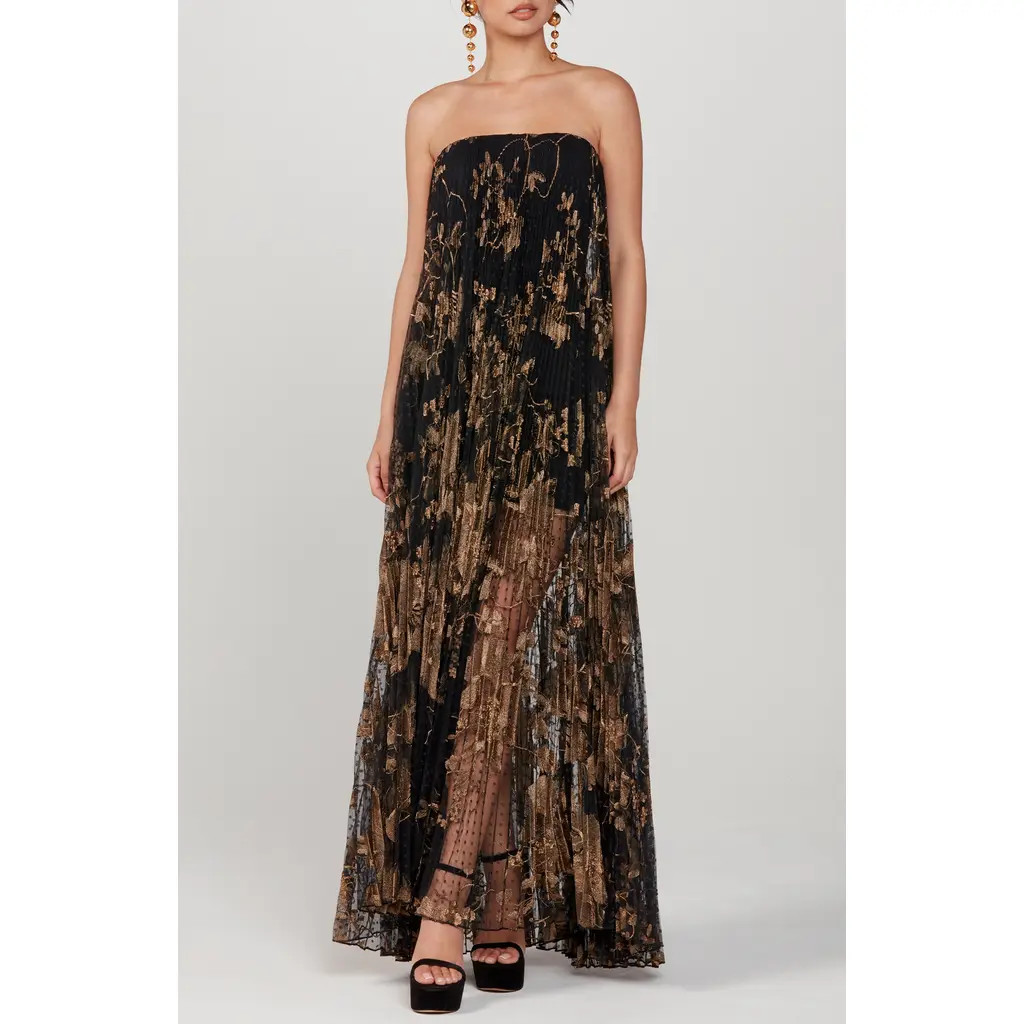 HELSI Delphanie Metallic Floral Strapless Pleated Gown in Black/Gold at Nordstrom Rack, Size Small | Nordstrom Rack
