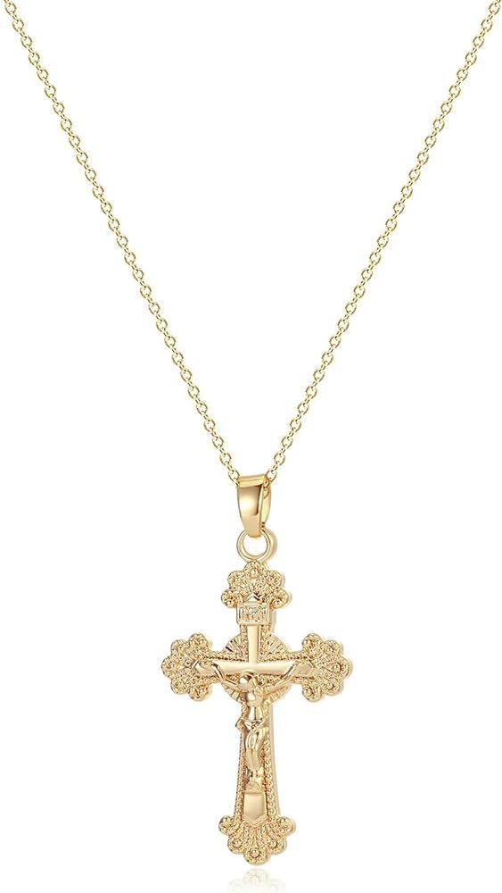 Fettero Cross Necklace Faith Pendant 14K Plated Dainty Chain Minimalist Simple Tiny God Lords Pra... | Amazon (US)