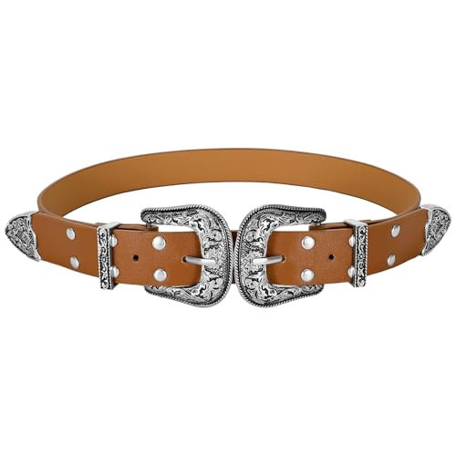 Western Belts for Women Vintage Cowgirl Dresses Belts Fashion Ladies Brown Leather Jeans Belt with Double Buckle Belt,brown,S | Amazon (US)