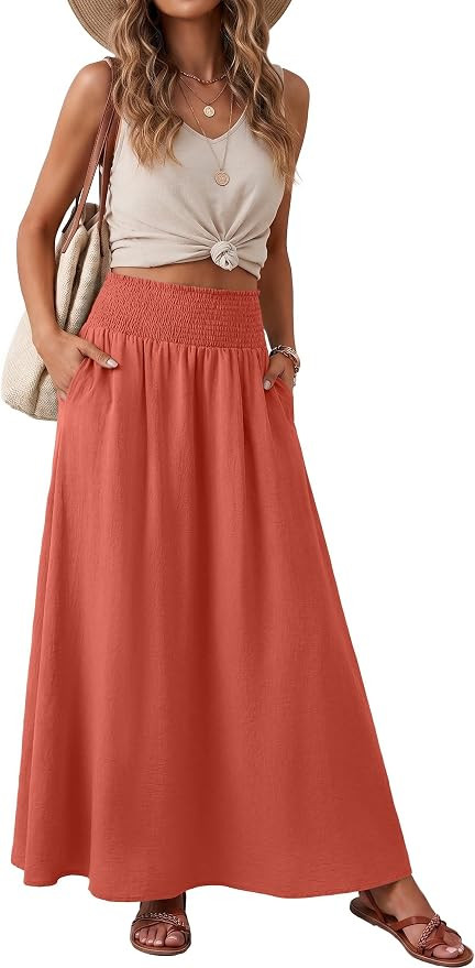 Maxi Skirts for Women Smocked Elastic High Waisted Casual Boho Swing Pleated Beach Long Skirts wi... | Amazon (US)