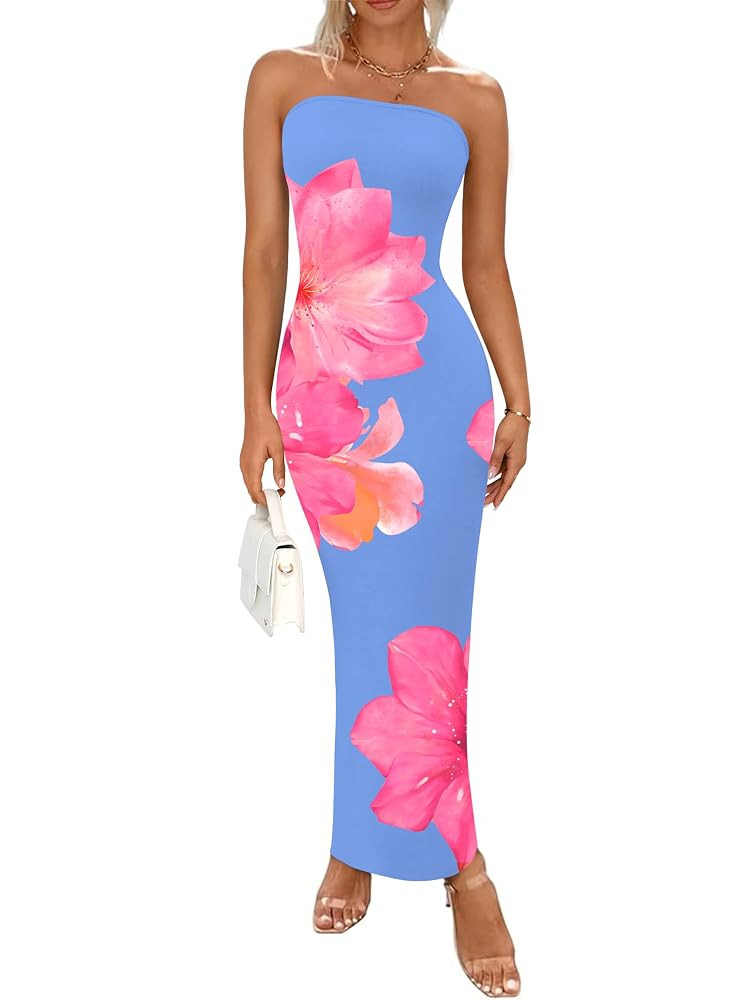 PRETTYGARDEN Women Summer Strapless Maxi Dress Bodycon Floral Sexy Long Wedding Guest Dress Forma... | Amazon (US)