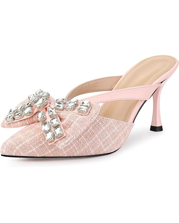 Allegra K Women's Pointed Toe Tweed Rhinestone Bow Stiletto Heels Mules | Amazon (US)