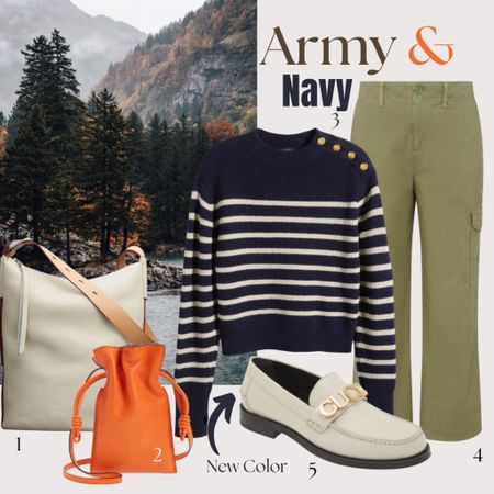 Army green and navy are interesting color combo that always work.  I added ivory to keep it fresh and light.  For a bold pop add orange! 

#LTKstyletip #LTKitbag #LTKFind