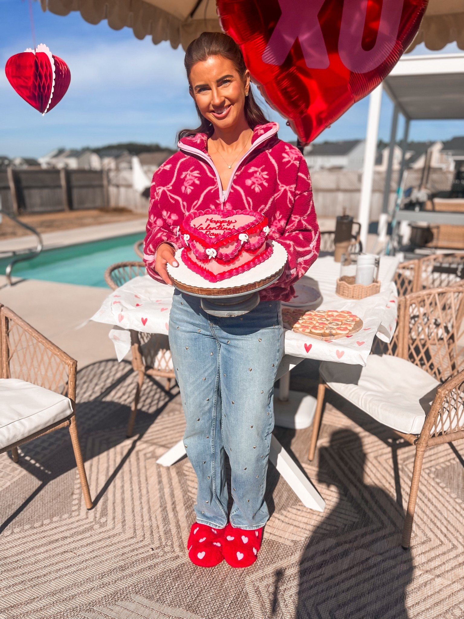 Fuscia pink fleece pullover-medium
Gold heart jeans 
Red pink heart slippers 