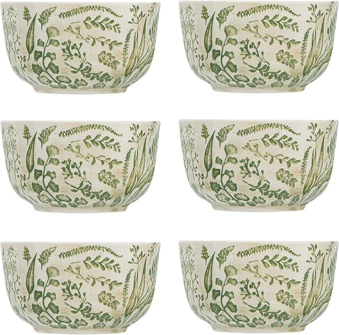 Creative Co-Op White Stoneware Bowl with Hand-Stamped & Embossed Green Pattern (Set of 6 Bowls) | Amazon (US)