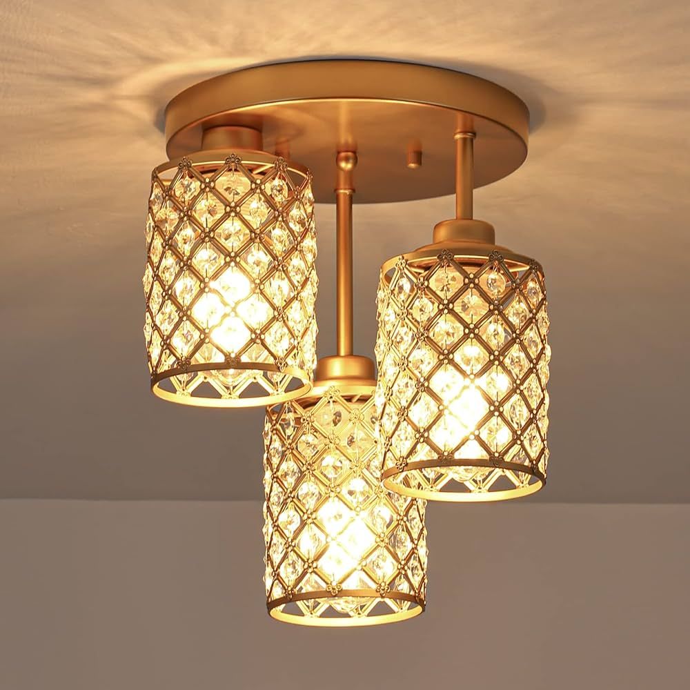 NSRCE Semi Flush Mount Ceiling Light Fixture, Modern 3-Light Gold Crystal Chandelier with Crystal... | Amazon (US)
