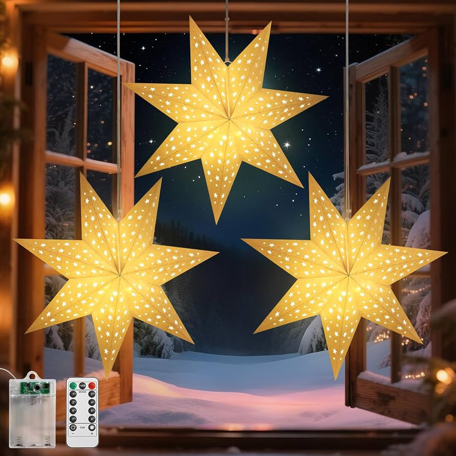 Lewondr Christmas Paper Star Lantern 3 Pack, Hanging 7-Pointed Star Lights with Hollowed Stars, L... | Amazon (CA)