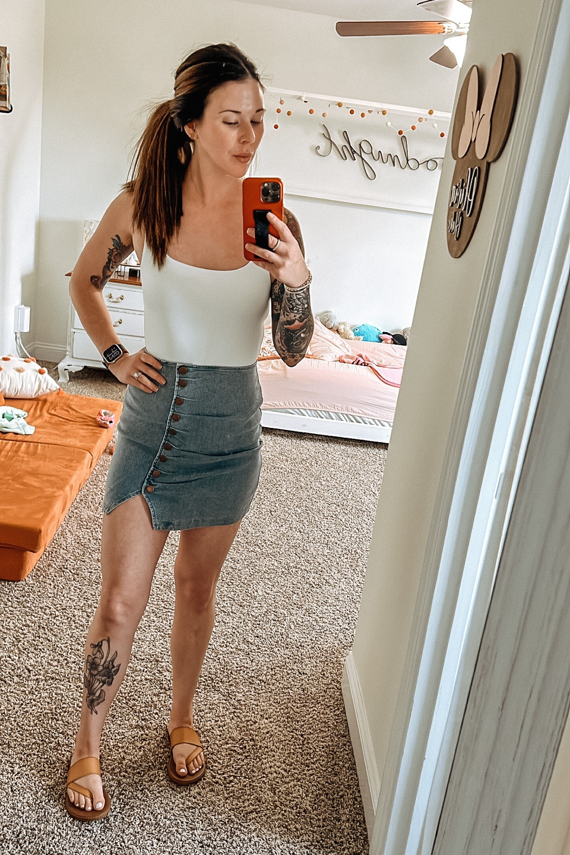 This outfit is perfect for a date night or girls night! This denim skirt is stretchy, has a side zipper and the cutest button detailing in the front. I paired it with a white bodysuit. True to size! 

Use code May20 for 20% off!

#LTKstyletip #LTKunder50 #LTKfit