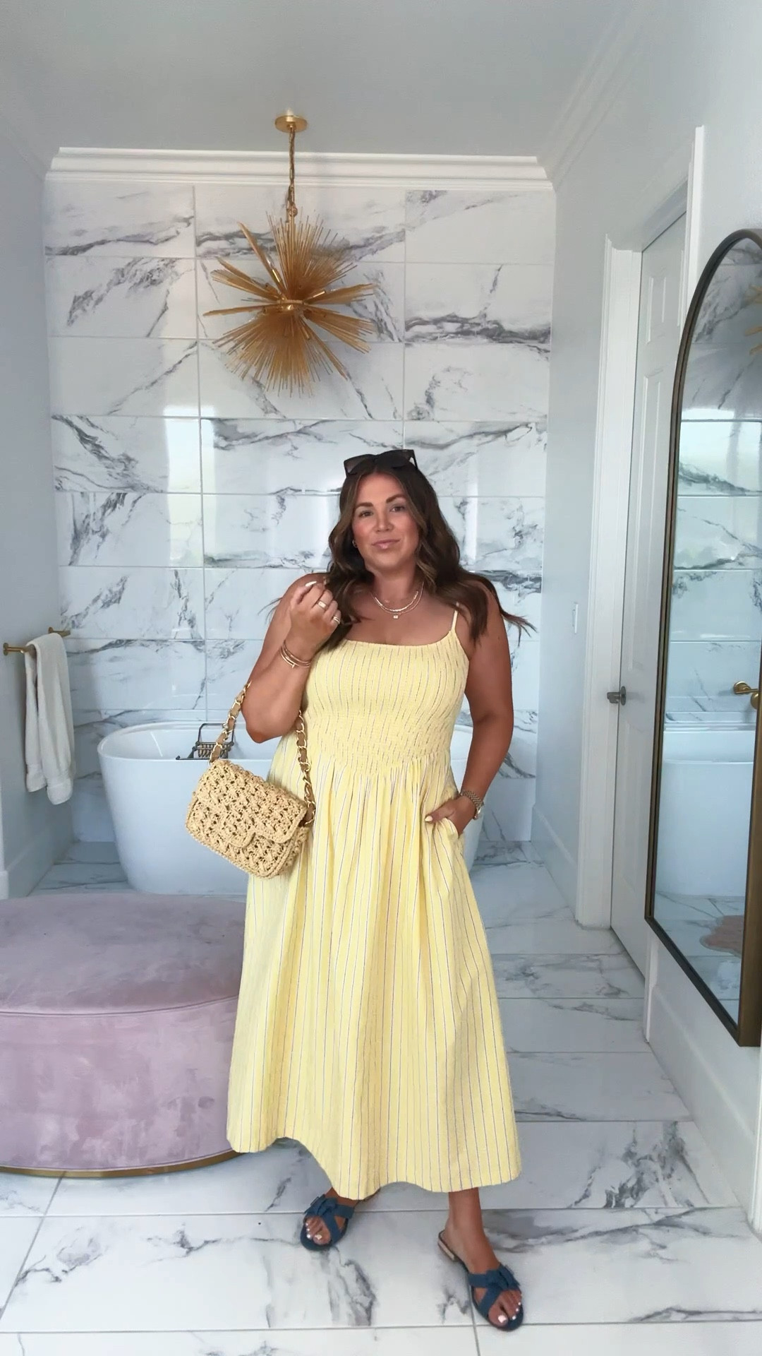 curvy midsize butter yellow and blue striped maxi dress for spring! wearing size large! the top is smocked and the skirt is lined with pockets 

#LTKSeasonal #LTKFindsUnder100 #LTKMidsize