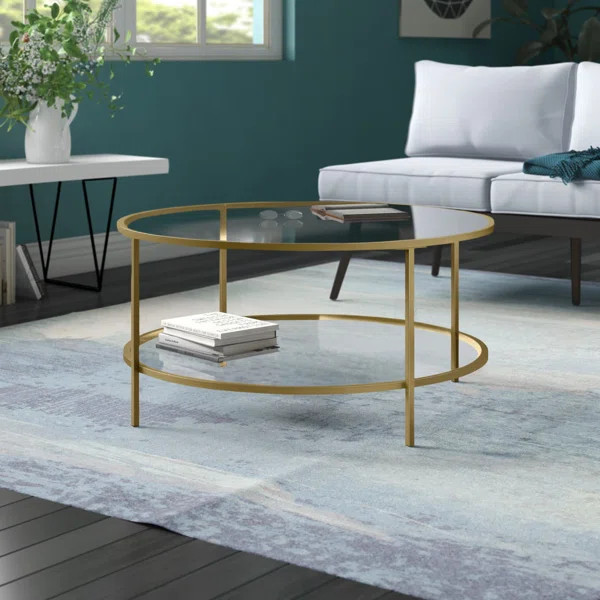 Saskya 36" Glass And Steel Round Coffee Table With Shelf | Wayfair North America