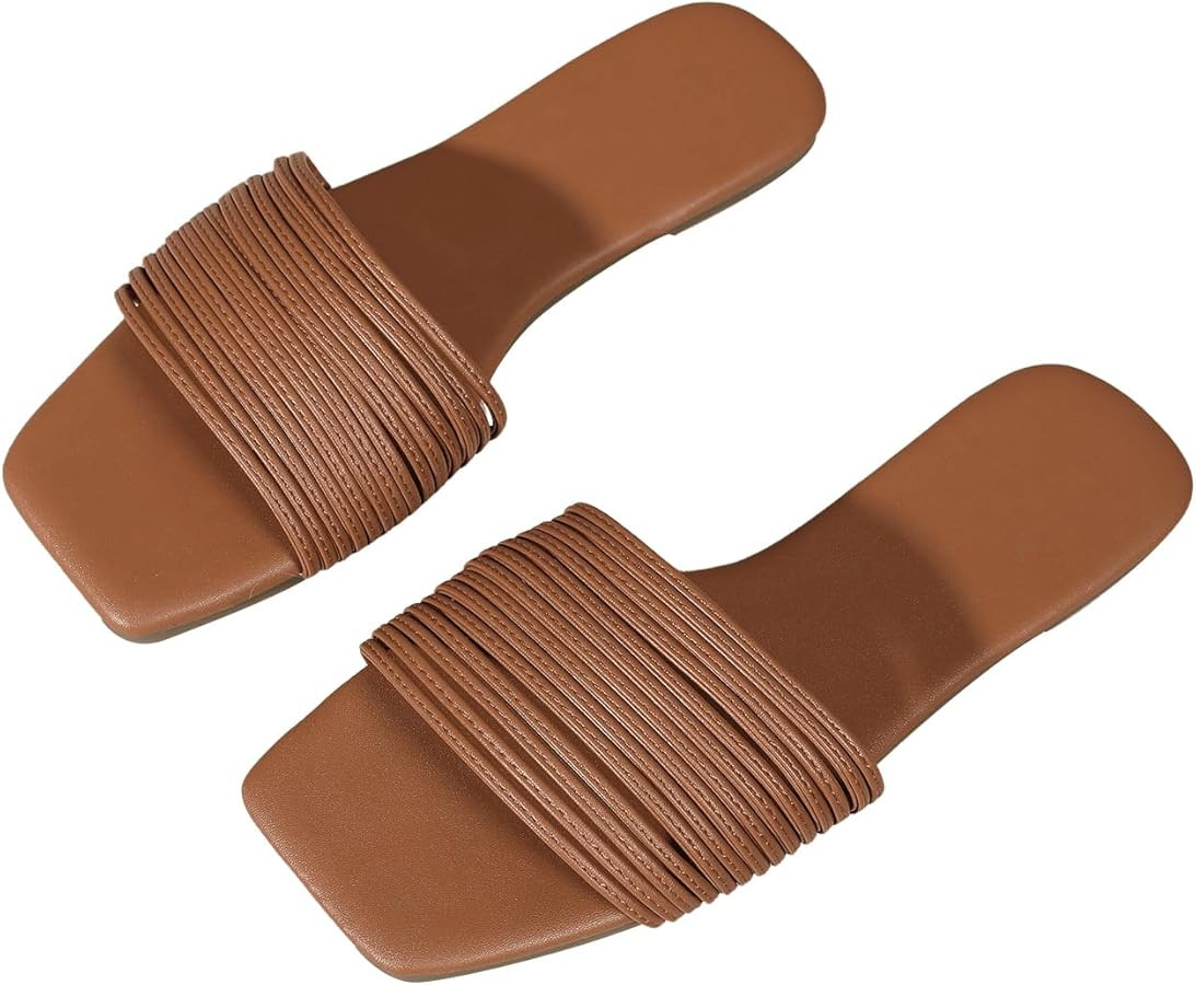 Verdusa Women's Summer Beach Sandals Square Toe Strappy Flat Sandals Slip On Metallic Sandal | Amazon (US)