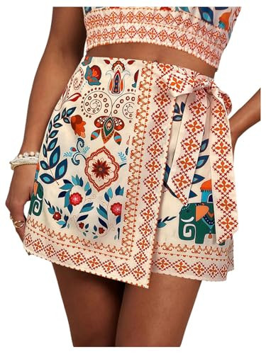 MakeMeChic Women's Wrap Skirt Skort Summer Linen Skirt Vacation Boho Mini Short Skirts Green and Pink Large | Amazon (US)