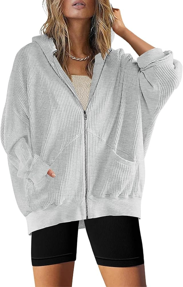 Womens Fashion Zip Up Hoodies Oversized Waffle Knit Jacket Shirts Long Sleeve Solid Shacket Blous... | Amazon (US)