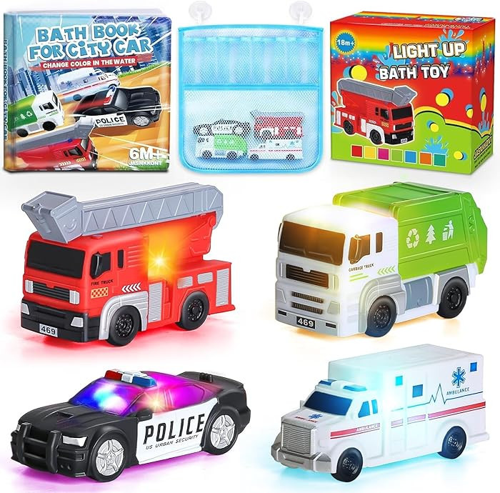 4 Floating Changing Color Light Up Bath Toy Car with Bath Book & Storage Bag, No Hole Realistic C... | Amazon (US)