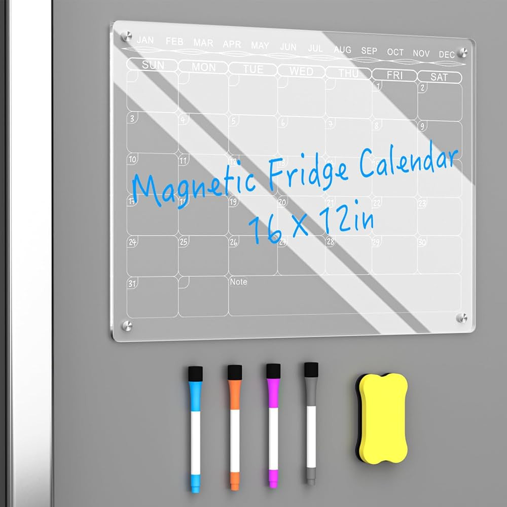 Acrylic Magnetic Dry Erase Calendar for Fridge 16"x12"， Clear Magnetic Calendar for Fridge with... | Amazon (US)