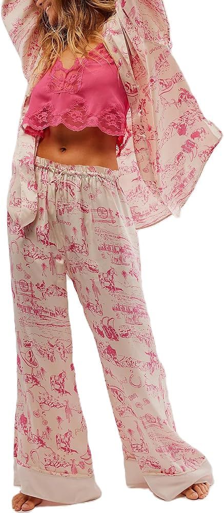 Yuemengxuan Womens Silk Satin Pajama Sets Y2k Floral Pajamas Button Down Shirts Flared Pants 2 Pi... | Amazon (US)