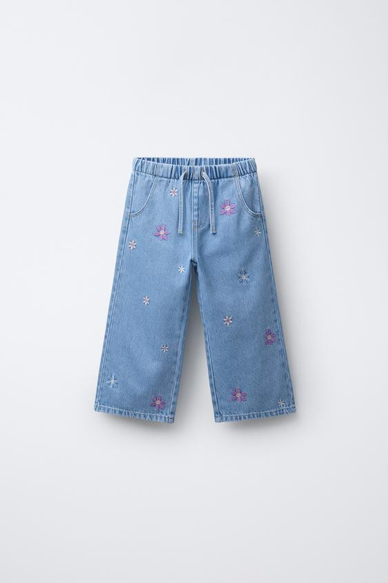 EMBROIDERED FLORAL WIDE LEG JEANS | Zara US