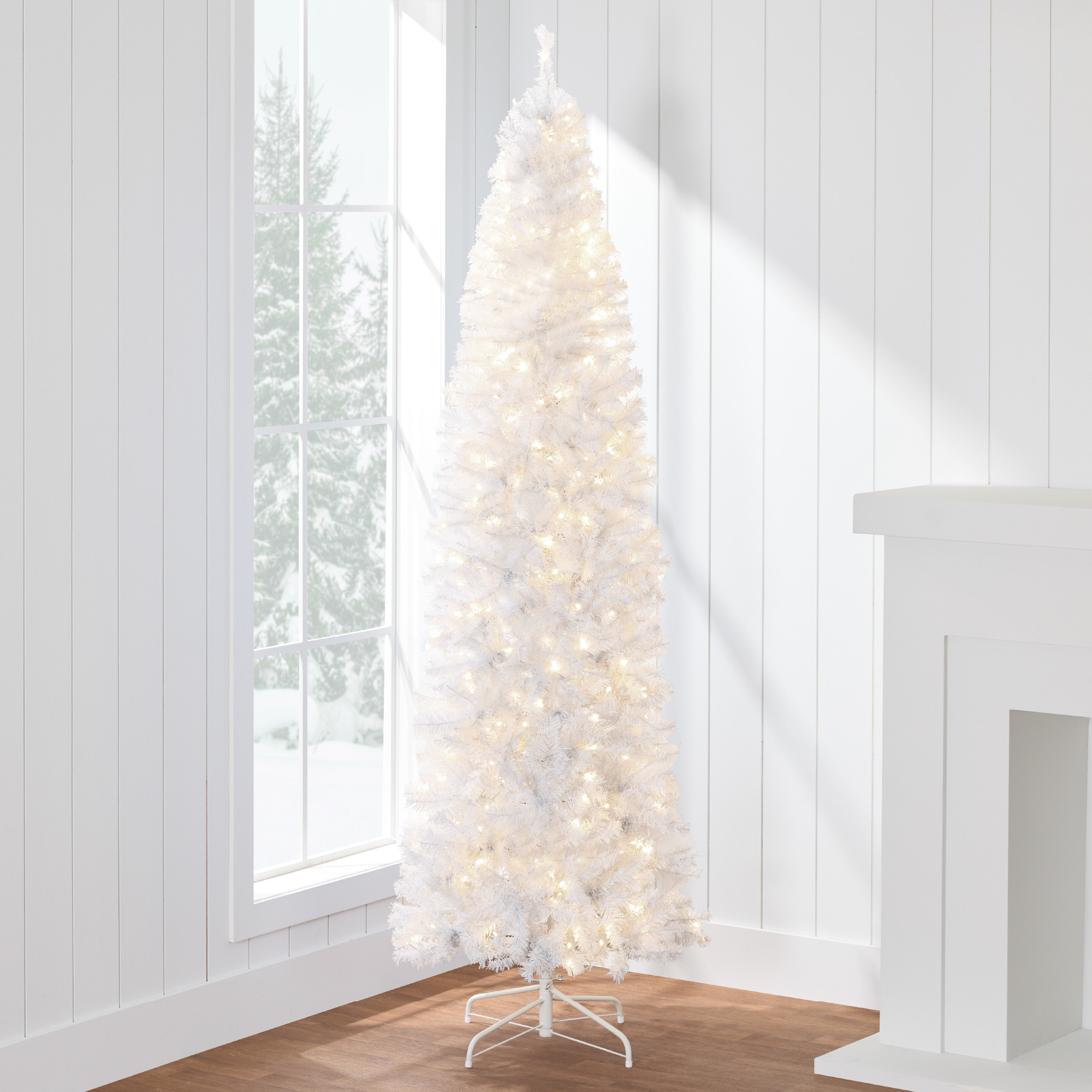 7.5ft Pre-Lit White Pencil Christmas Tree w/ Foldable Base, 300 Incandescent Lights - Best Choice Products Online | Best Choice Products 