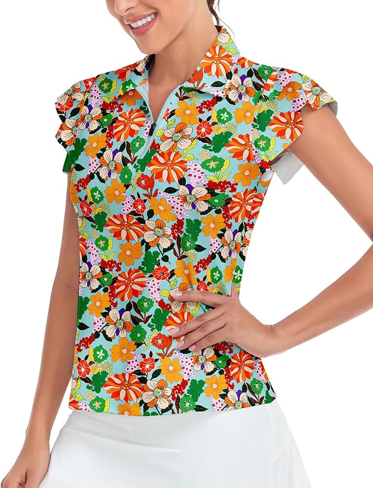 Soneven Womens Petal Sleeve Golf Shirts Moisture Wicking Lady Golf Apparel Print Tennis Sport T S... | Amazon (US)