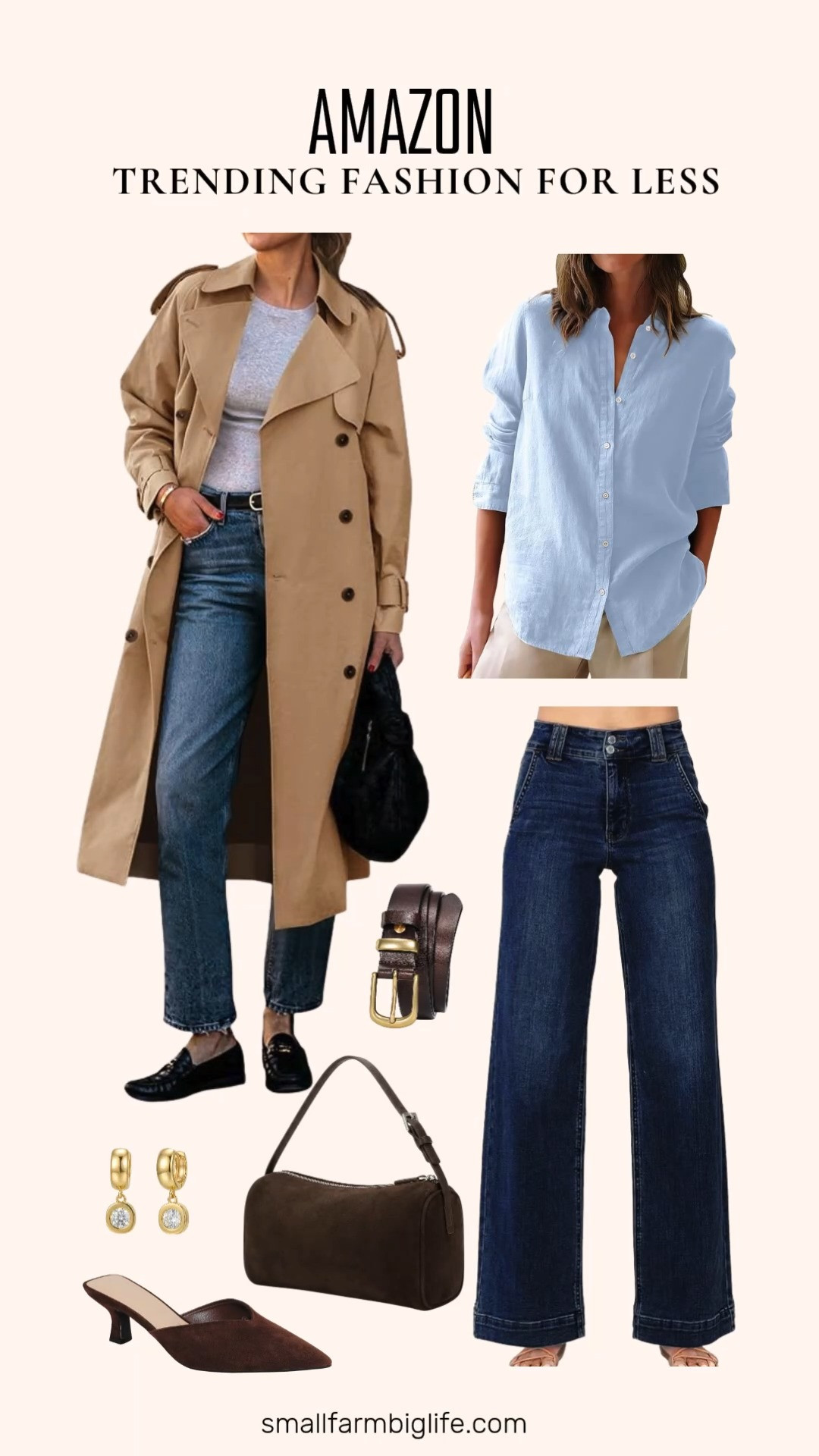 This edit rounds up the trending fall pieces worth adding to your closet, all easy to shop and budget friendly.

Starting with outerwear: a khaki double breasted trench coat with a classic lapel and belt, perfect for layering over any outfit.

For tops and denim: a light blue cotton oxford button down shirt with a collared, work ready fit, and a dark wash blue high waisted wide leg straight jean with slanted pockets.

For shoes and accessories: brown suede pointed toe kitten heel mules, a coffee brown vegan leather mini purse with an adjustable strap, a coffee brown Italian leather belt with a polished gold buckle, and chunky gold dangle hoop earrings with cubic zirconia detail.

#trendingfashion #falltrenchcoat #widelegjeans #goldhoopearrings #amazonfashionfinds 

 #LTKootd #LTKOver40 #LTKWorkwear