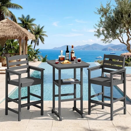 SERWALL Tall Adirondack Chairs and Table 3 Pieces Set, Adirondack Bar Height Chairs Set of 2 and Bar Table, Outdoor Barstools Set for Balcony, Poolside, Backyard, Grey | Walmart (US)
