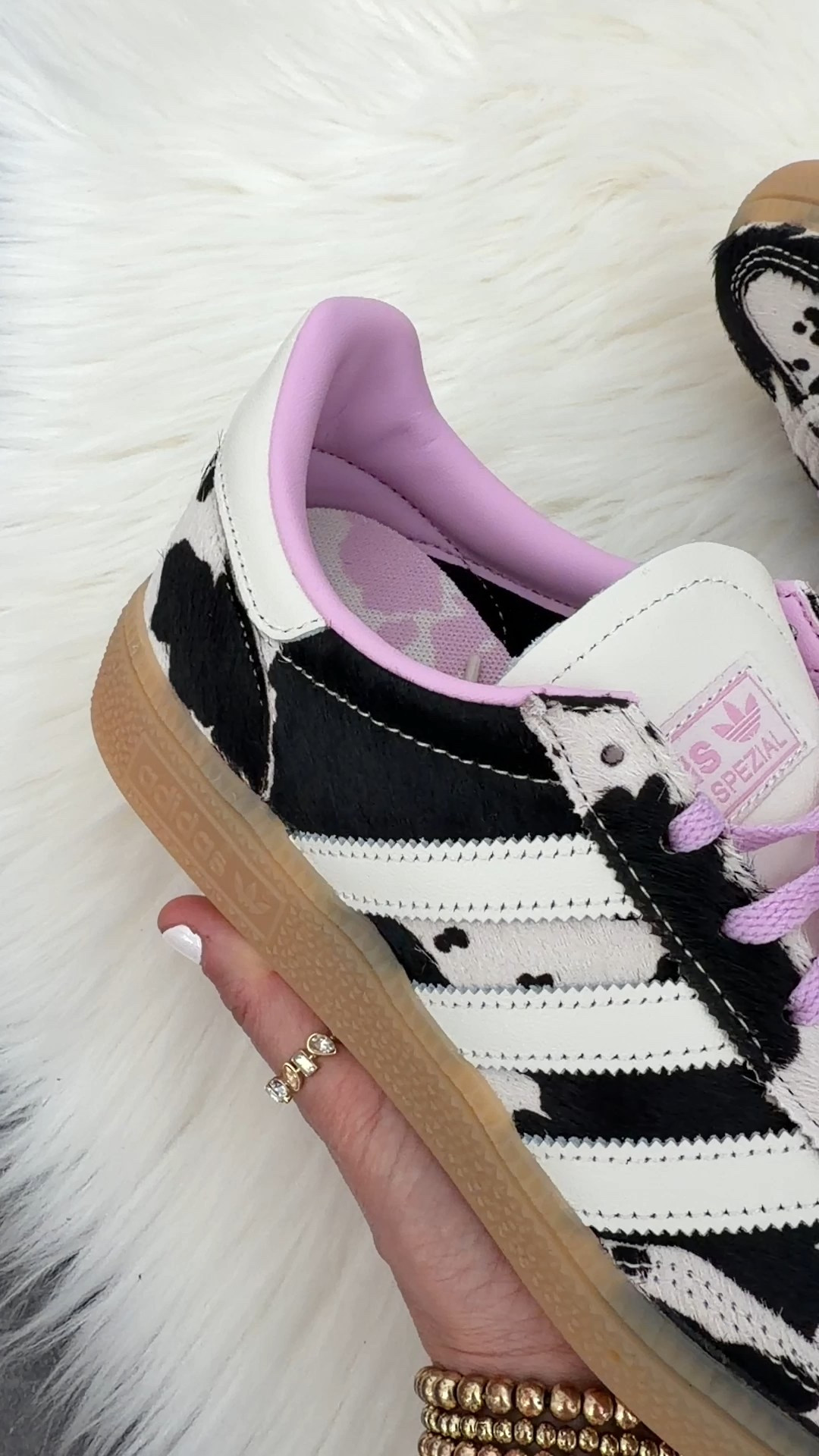 Adidas handball spezial cow print sneakers in off white bliss lilac. I went down a half size now $84 originally $120 with code WINTER


