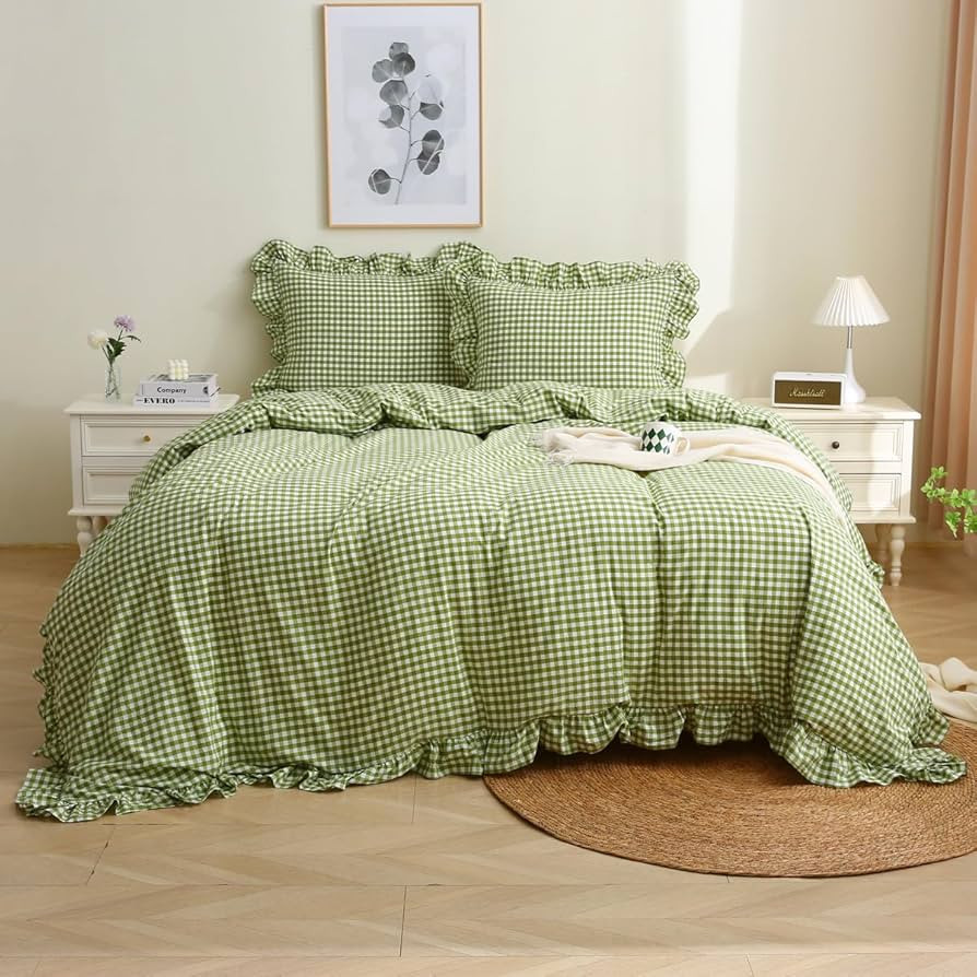 Olive Green/White Checkered Ruffle 3-Piece Duvet Cover Set Queen Size,Washed Cotton Shabby Gingha... | Amazon (US)
