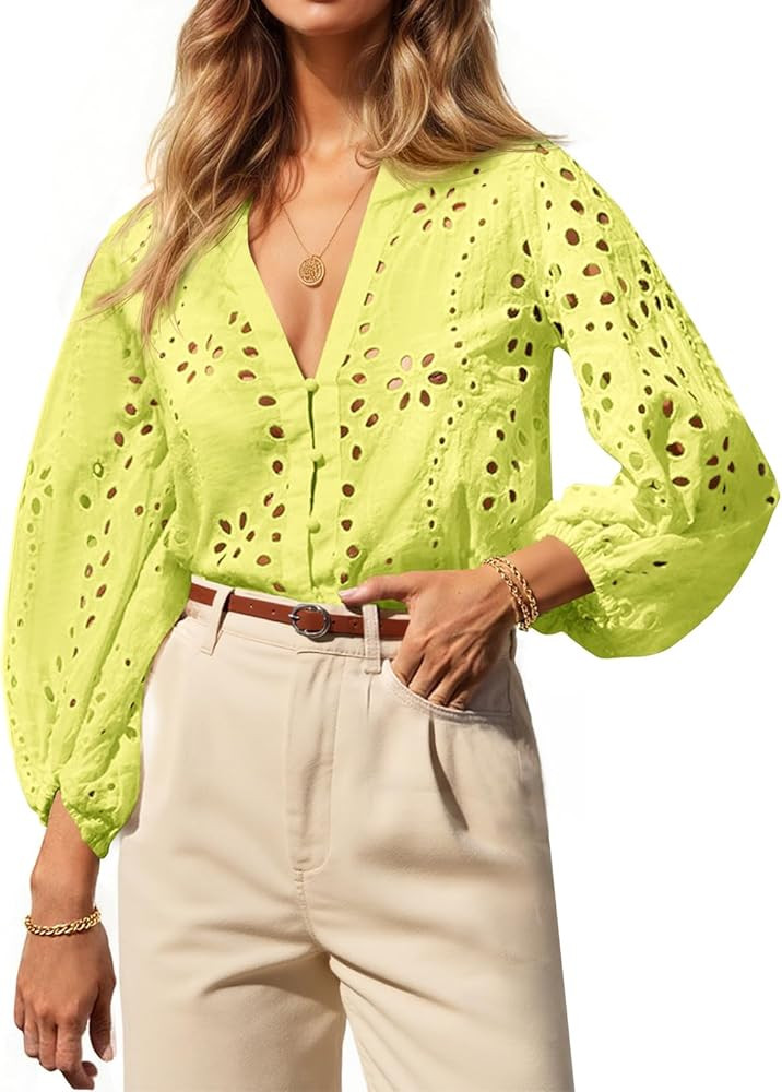 Tankaneo Womens Deep V Neck Eyelet Blouses 3/4 Balloon Sleeve Button Down Hollow Out Fall Shirts | Amazon (US)