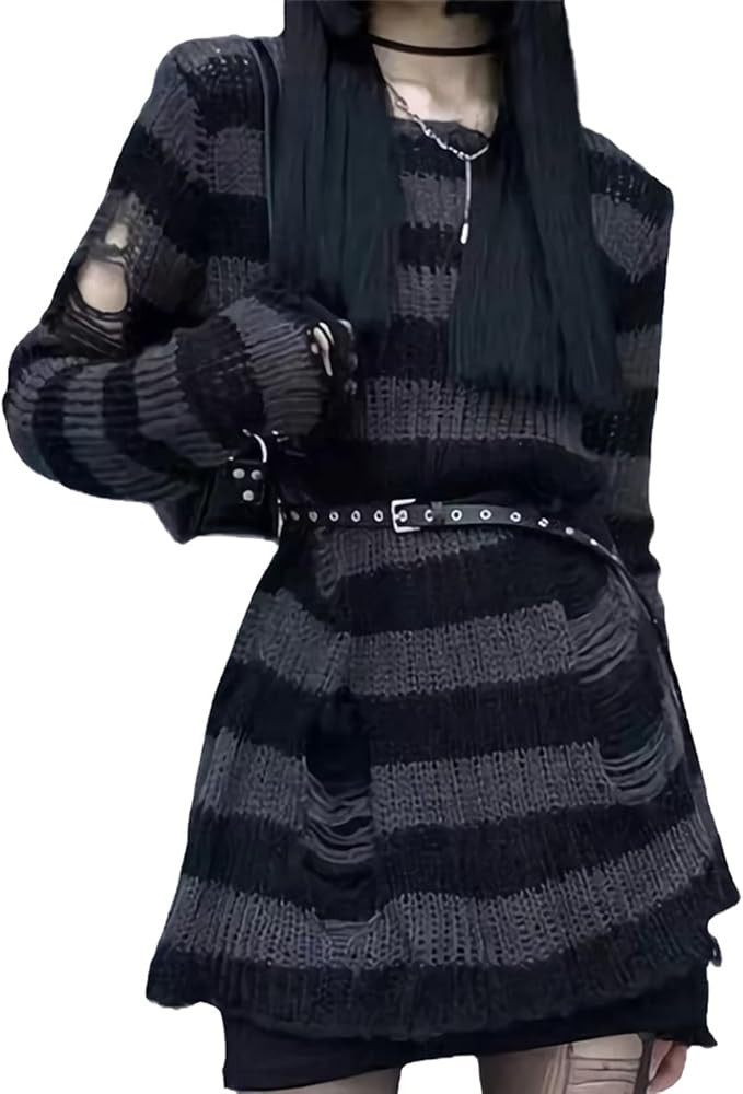 Goth Y2K Striped Sweater Grunge Ripped Punk Gothic Sweaters for Women Harajuku Aesthetic Hallowee... | Amazon (US)